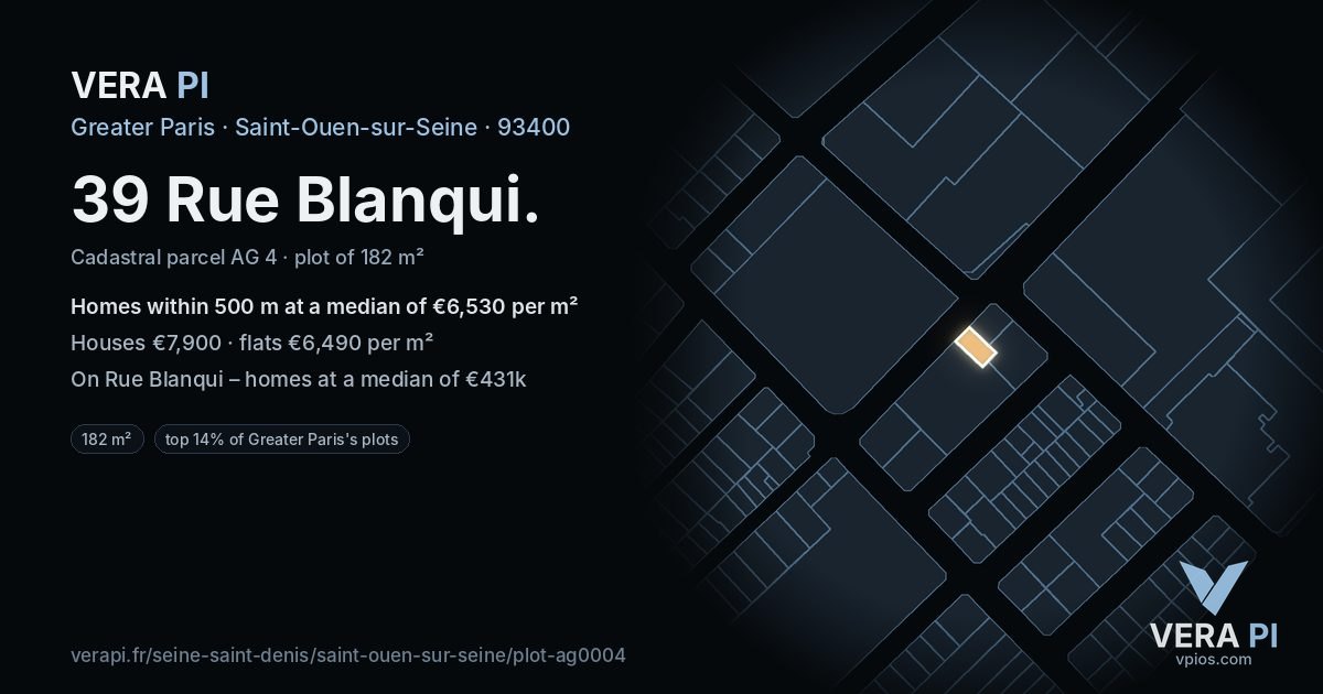 39 Rue Blanqui, Saint-Ouen-sur-Seine at night – the plot lit, the parcels around coloured by the prices near them