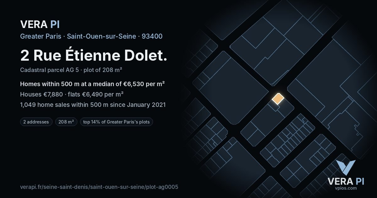 2 Rue Étienne Dolet, Saint-Ouen-sur-Seine at night – the plot lit, the parcels around coloured by the prices near them