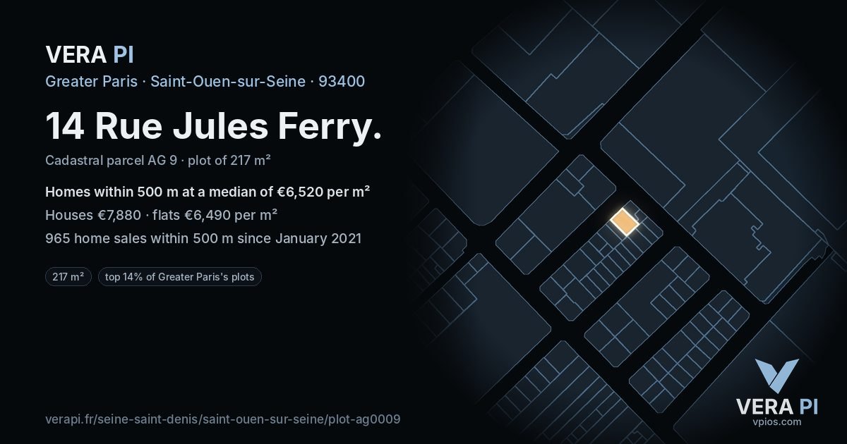 14 Rue Jules Ferry, Saint-Ouen-sur-Seine at night – the plot lit, the parcels around coloured by the prices near them