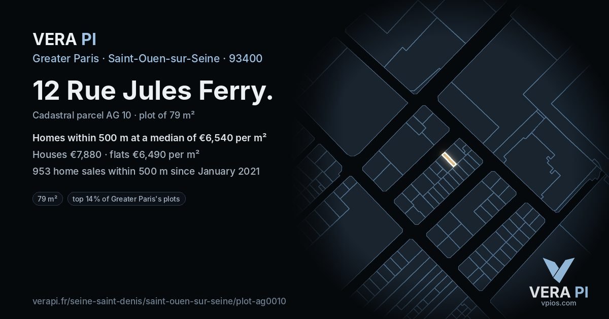 12 Rue Jules Ferry, Saint-Ouen-sur-Seine at night – the plot lit, the parcels around coloured by the prices near them