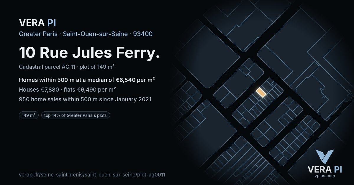 10 Rue Jules Ferry, Saint-Ouen-sur-Seine at night – the plot lit, the parcels around coloured by the prices near them