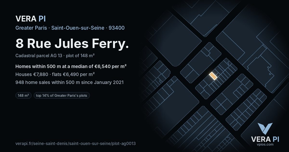 8 Rue Jules Ferry, Saint-Ouen-sur-Seine at night – the plot lit, the parcels around coloured by the prices near them