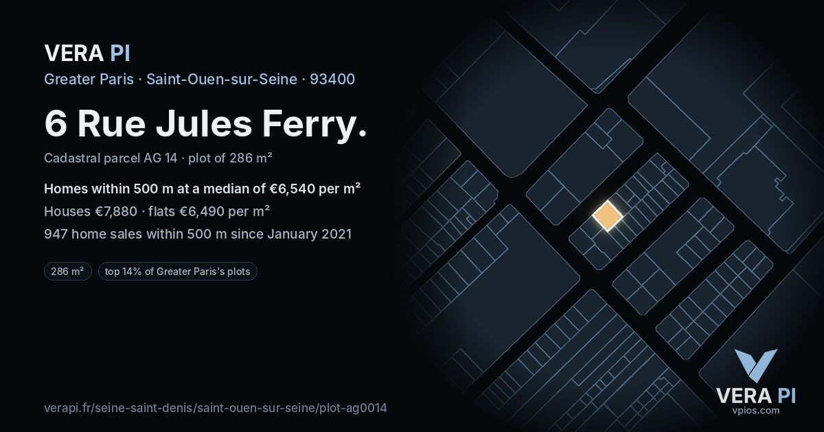 6 Rue Jules Ferry, Saint-Ouen-sur-Seine at night – the plot lit, the parcels around coloured by the prices near them