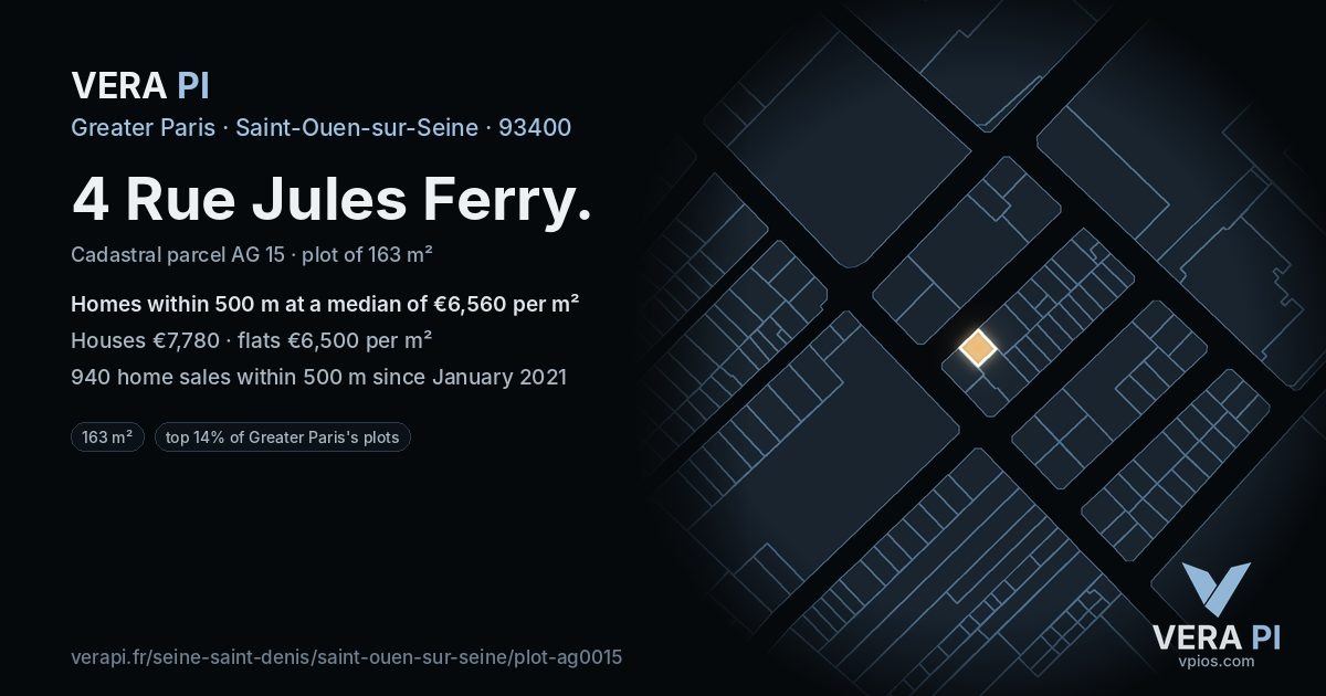 4 Rue Jules Ferry, Saint-Ouen-sur-Seine at night – the plot lit, the parcels around coloured by the prices near them