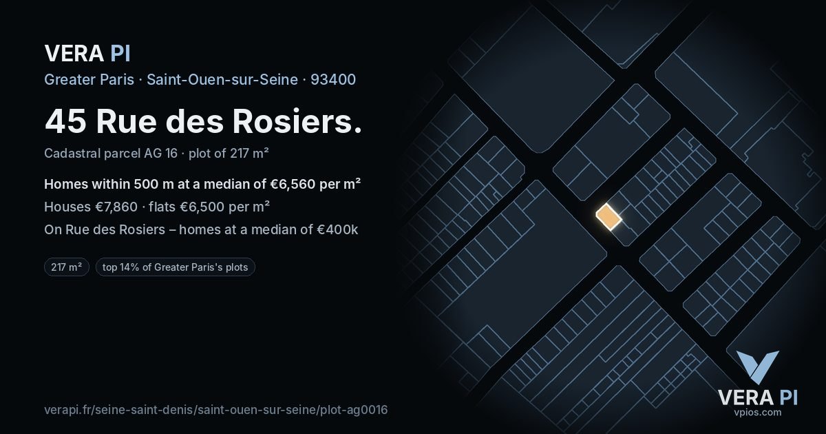 45 Rue des Rosiers, Saint-Ouen-sur-Seine at night – the plot lit, the parcels around coloured by the prices near them