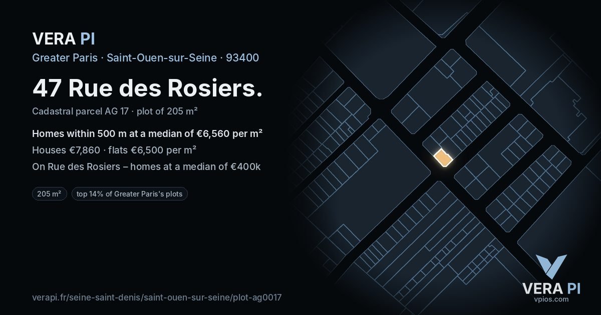 47 Rue des Rosiers, Saint-Ouen-sur-Seine at night – the plot lit, the parcels around coloured by the prices near them