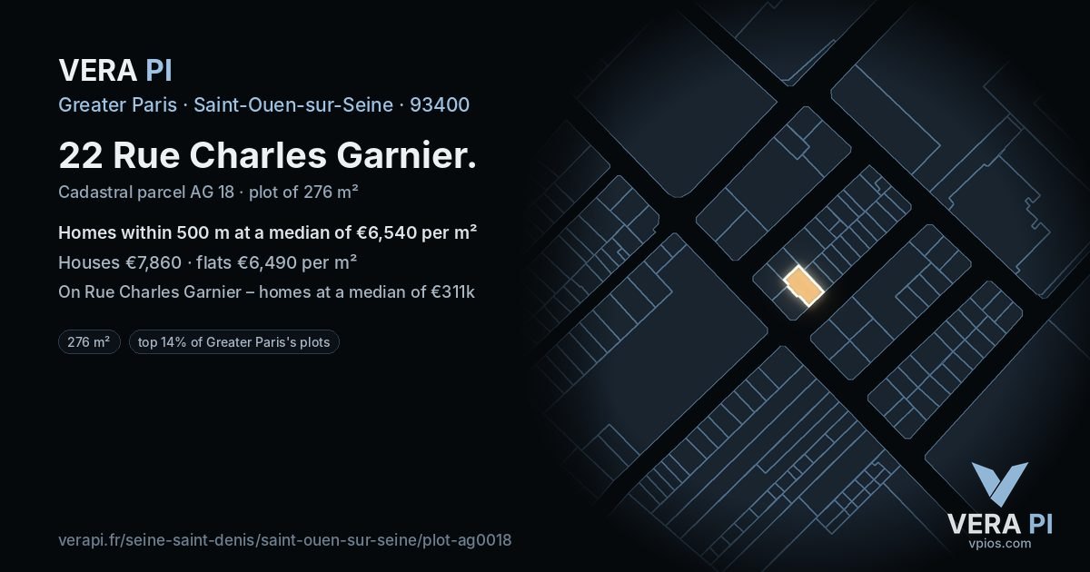 22 Rue Charles Garnier, Saint-Ouen-sur-Seine at night – the plot lit, the parcels around coloured by the prices near them
