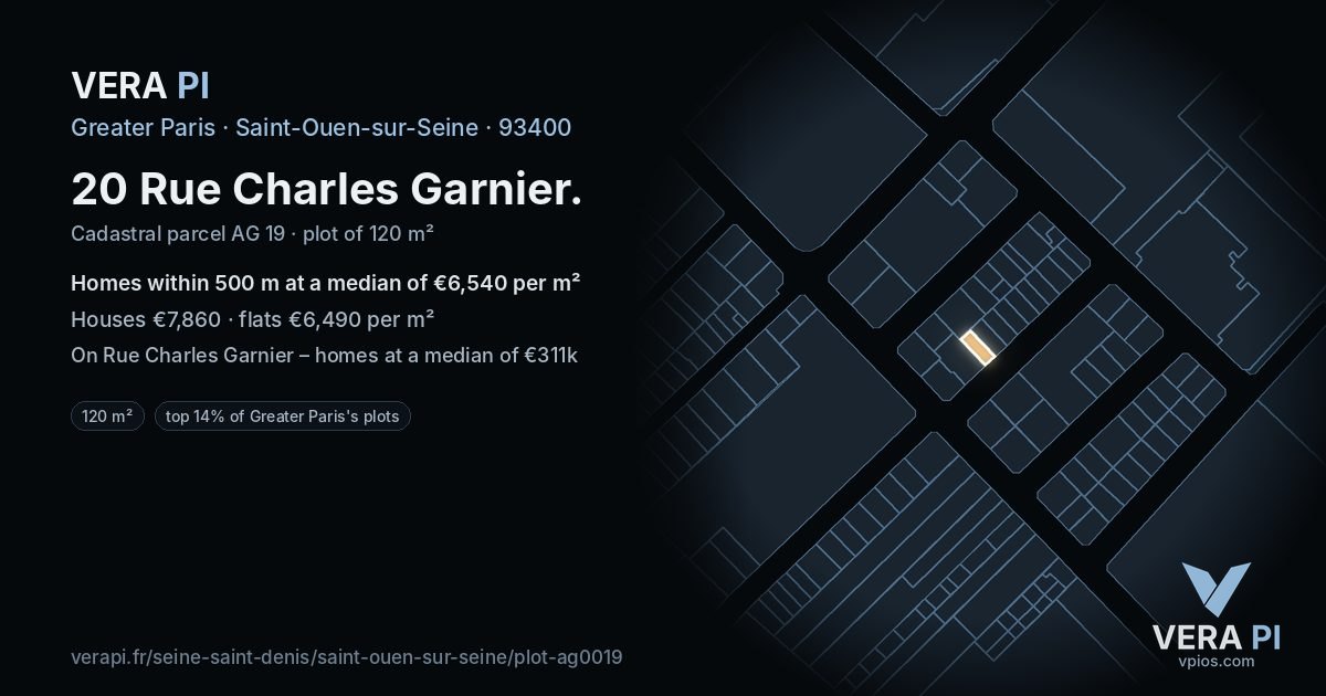 20 Rue Charles Garnier, Saint-Ouen-sur-Seine at night – the plot lit, the parcels around coloured by the prices near them