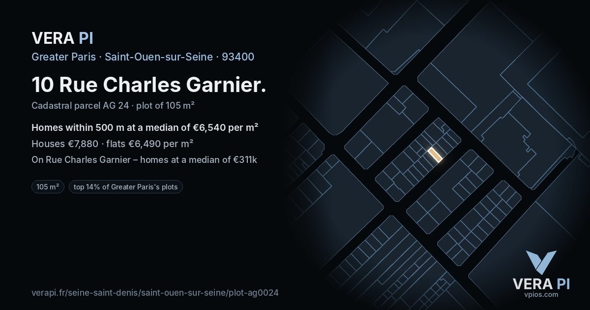 10 Rue Charles Garnier, Saint-Ouen-sur-Seine at night – the plot lit, the parcels around coloured by the prices near them