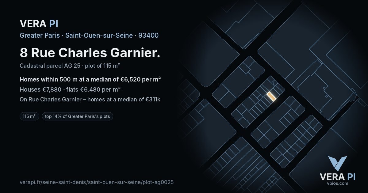 8 Rue Charles Garnier, Saint-Ouen-sur-Seine at night – the plot lit, the parcels around coloured by the prices near them
