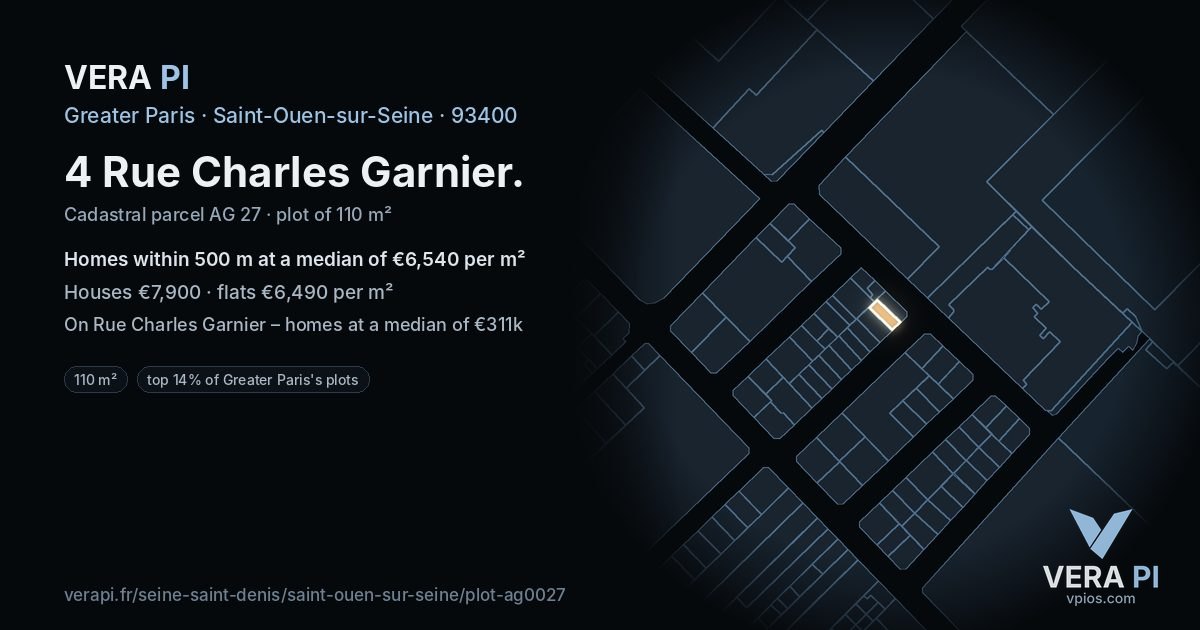 4 Rue Charles Garnier, Saint-Ouen-sur-Seine at night – the plot lit, the parcels around coloured by the prices near them
