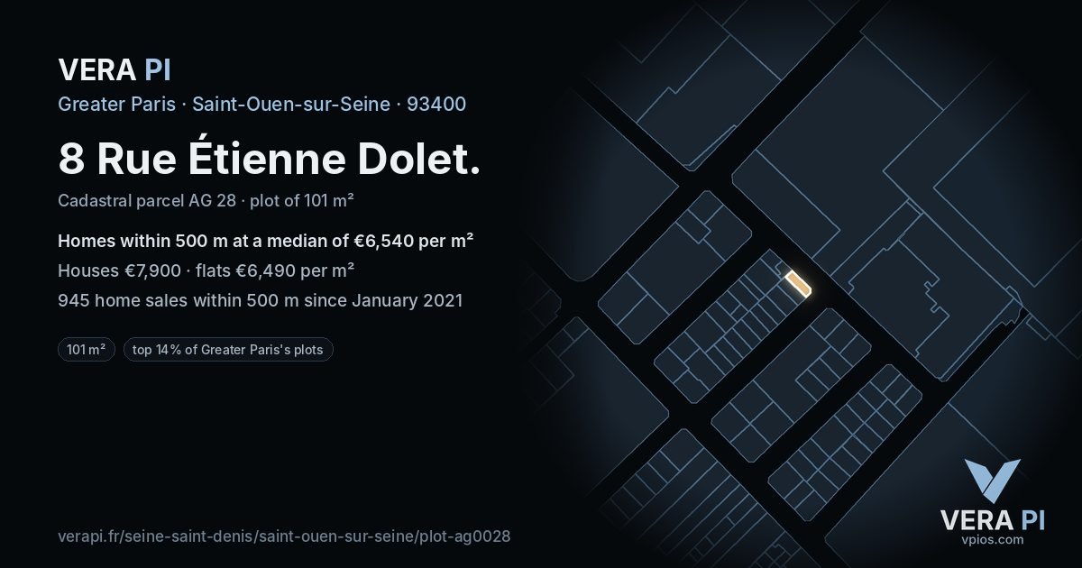 8 Rue Étienne Dolet, Saint-Ouen-sur-Seine at night – the plot lit, the parcels around coloured by the prices near them