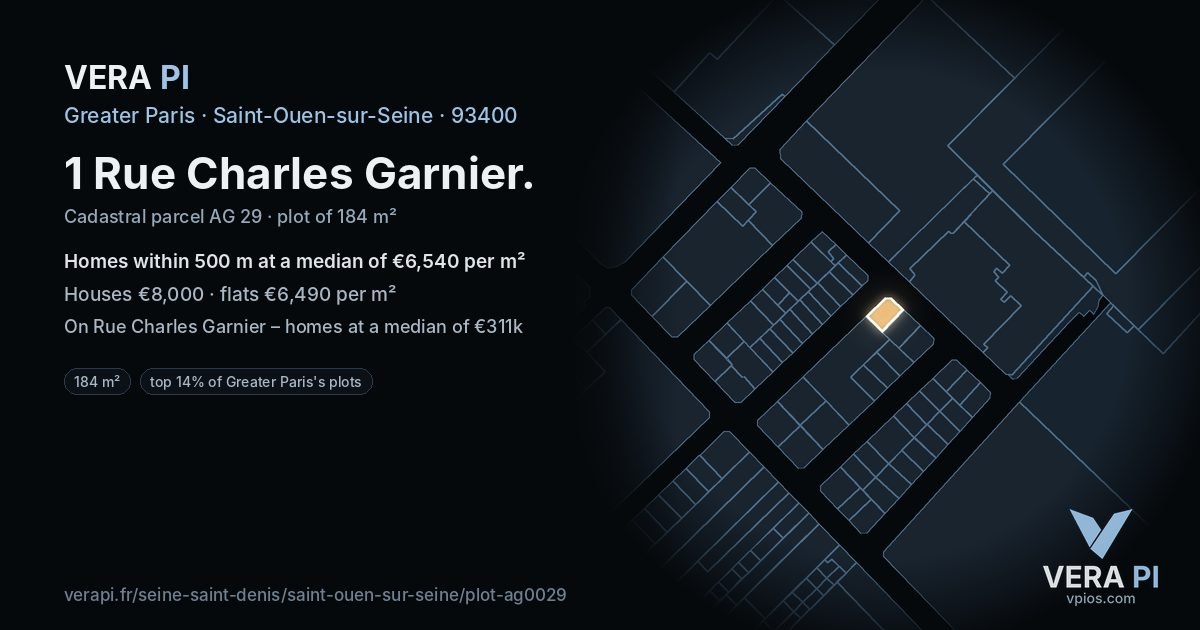 1 Rue Charles Garnier, Saint-Ouen-sur-Seine at night – the plot lit, the parcels around coloured by the prices near them