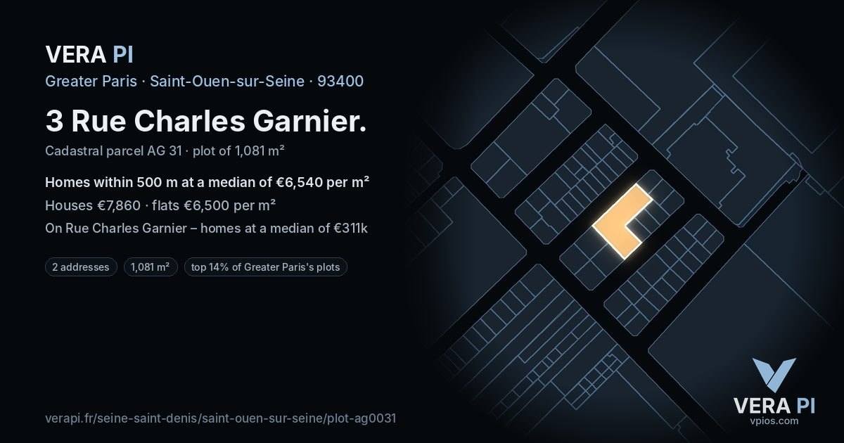 3 Rue Charles Garnier, Saint-Ouen-sur-Seine at night – the plot lit, the parcels around coloured by the prices near them