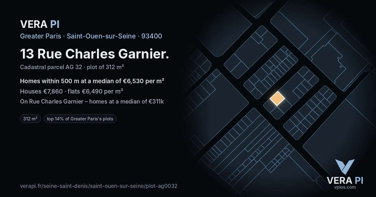 13 Rue Charles Garnier, Saint-Ouen-sur-Seine at night – the plot lit, the parcels around coloured by the prices near them