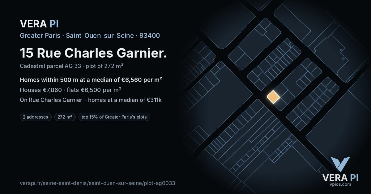 15 Rue Charles Garnier, Saint-Ouen-sur-Seine at night – the plot lit, the parcels around coloured by the prices near them