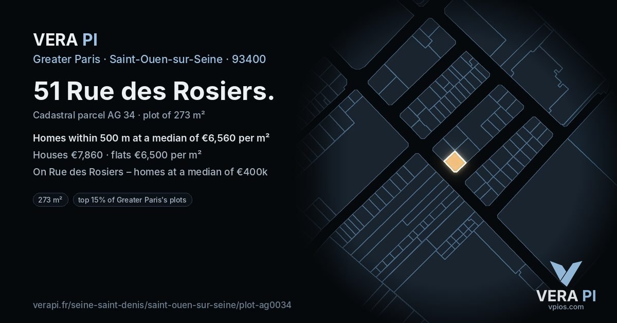 51 Rue des Rosiers, Saint-Ouen-sur-Seine at night – the plot lit, the parcels around coloured by the prices near them