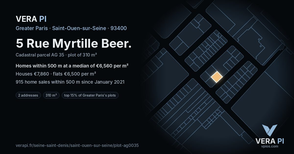 5 Rue Myrtille Beer, Saint-Ouen-sur-Seine at night – the plot lit, the parcels around coloured by the prices near them