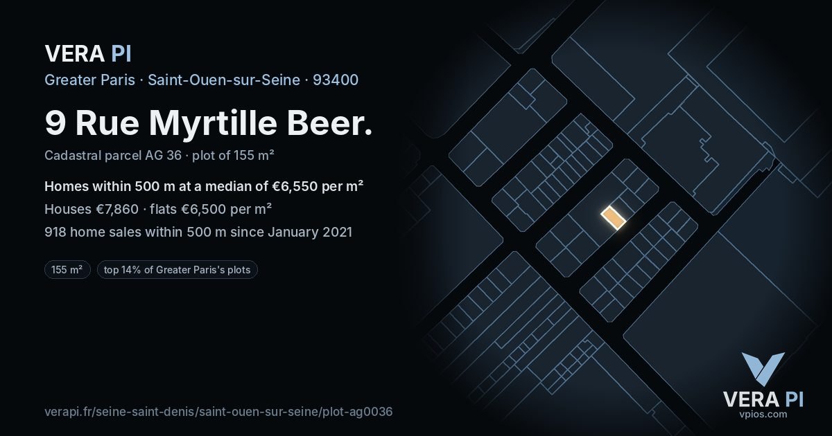 9 Rue Myrtille Beer, Saint-Ouen-sur-Seine at night – the plot lit, the parcels around coloured by the prices near them