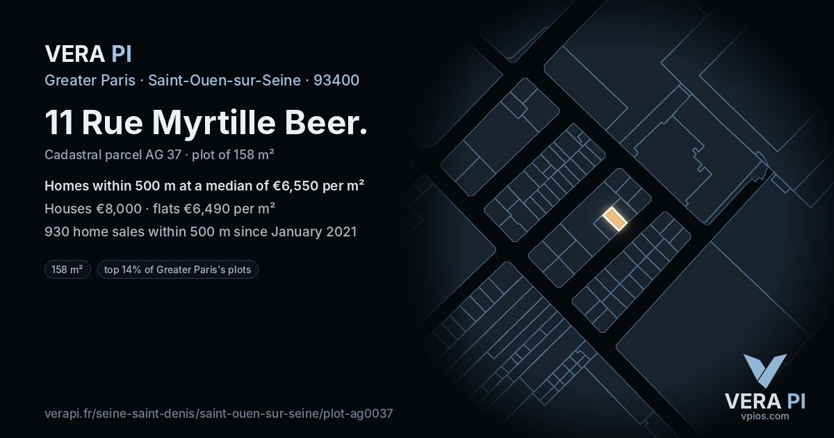 11 Rue Myrtille Beer, Saint-Ouen-sur-Seine at night – the plot lit, the parcels around coloured by the prices near them