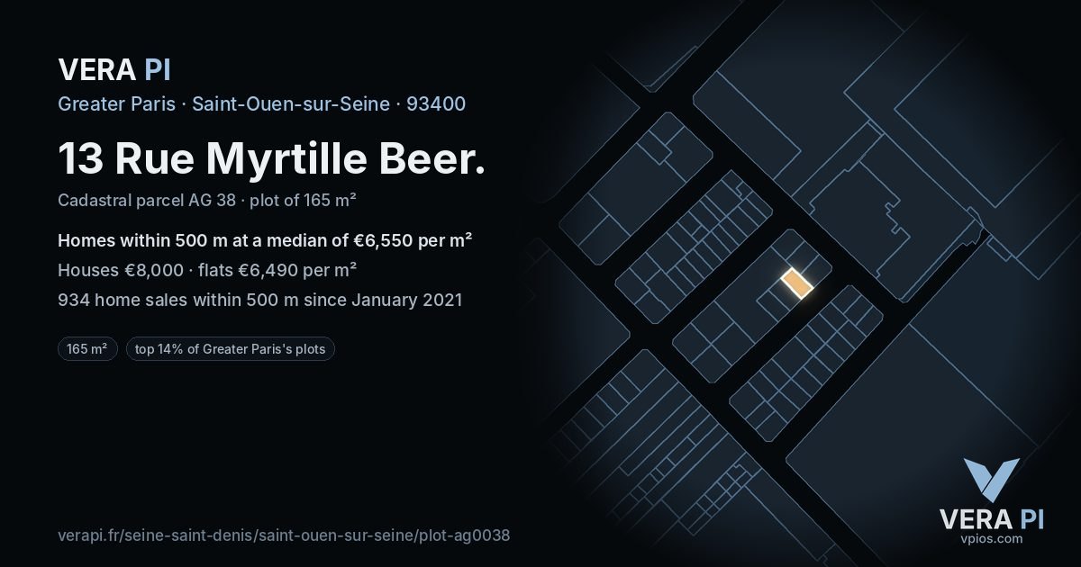 13 Rue Myrtille Beer, Saint-Ouen-sur-Seine at night – the plot lit, the parcels around coloured by the prices near them
