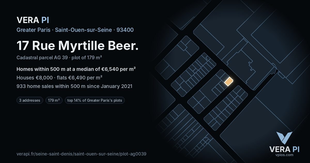 17 Rue Myrtille Beer, Saint-Ouen-sur-Seine at night – the plot lit, the parcels around coloured by the prices near them