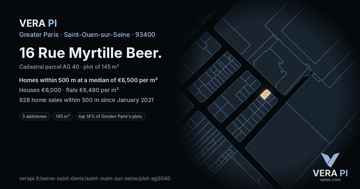 16 Rue Myrtille Beer, Saint-Ouen-sur-Seine at night – the plot lit, the parcels around coloured by the prices near them