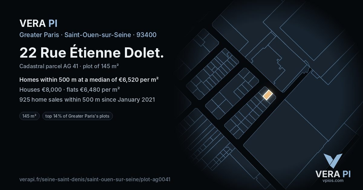 22 Rue Étienne Dolet, Saint-Ouen-sur-Seine at night – the plot lit, the parcels around coloured by the prices near them