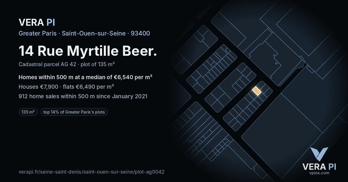 14 Rue Myrtille Beer, Saint-Ouen-sur-Seine at night – the plot lit, the parcels around coloured by the prices near them