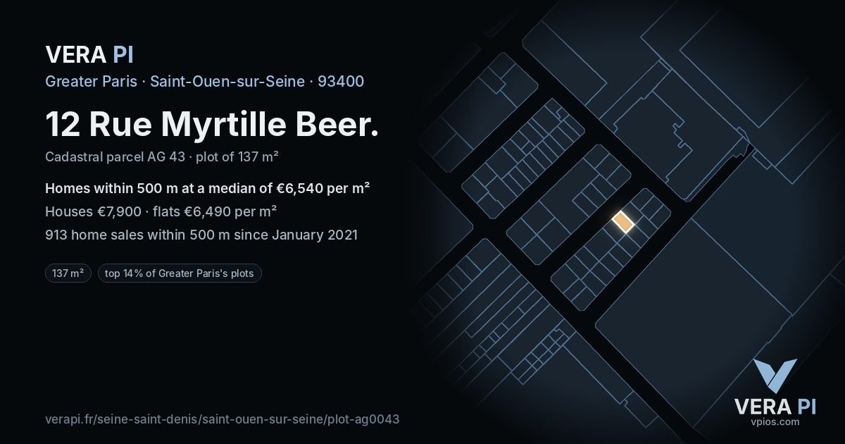 12 Rue Myrtille Beer, Saint-Ouen-sur-Seine at night – the plot lit, the parcels around coloured by the prices near them