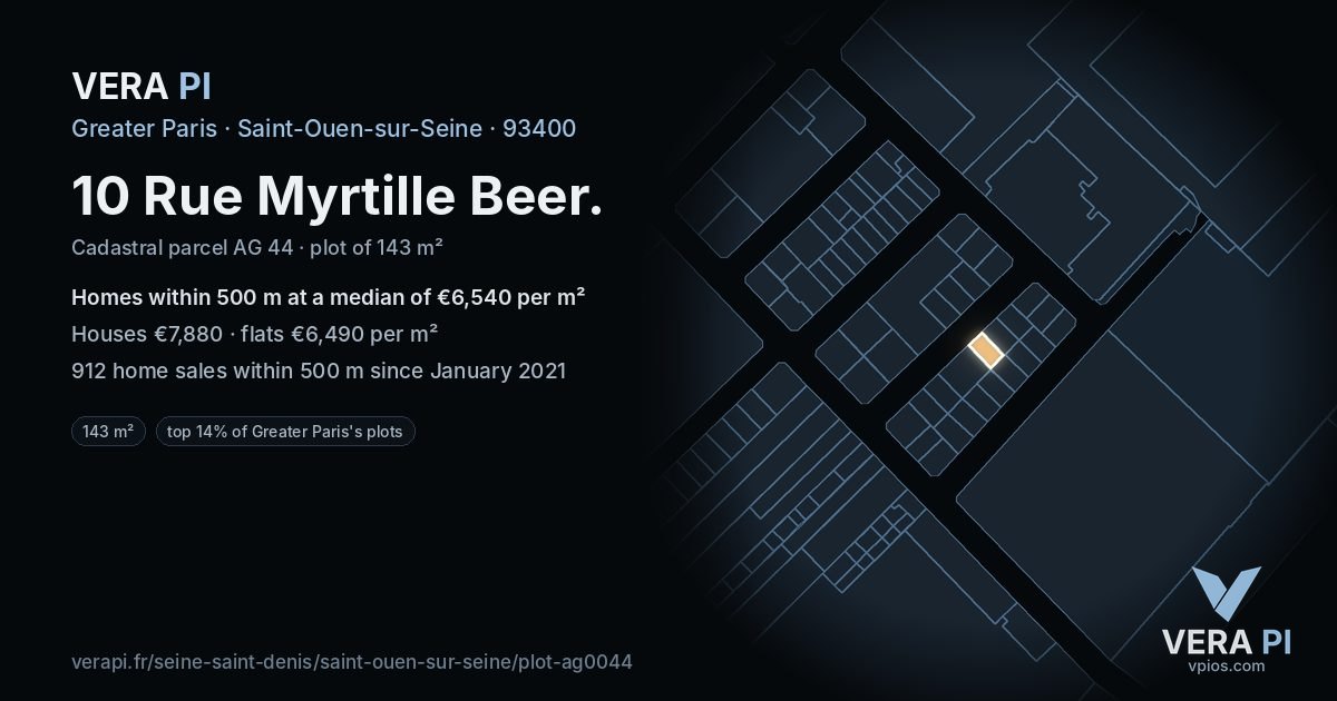 10 Rue Myrtille Beer, Saint-Ouen-sur-Seine at night – the plot lit, the parcels around coloured by the prices near them