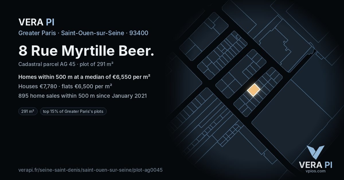 8 Rue Myrtille Beer, Saint-Ouen-sur-Seine at night – the plot lit, the parcels around coloured by the prices near them
