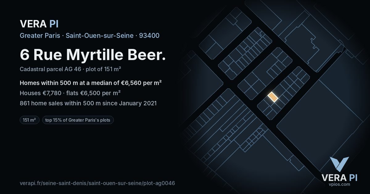 6 Rue Myrtille Beer, Saint-Ouen-sur-Seine at night – the plot lit, the parcels around coloured by the prices near them