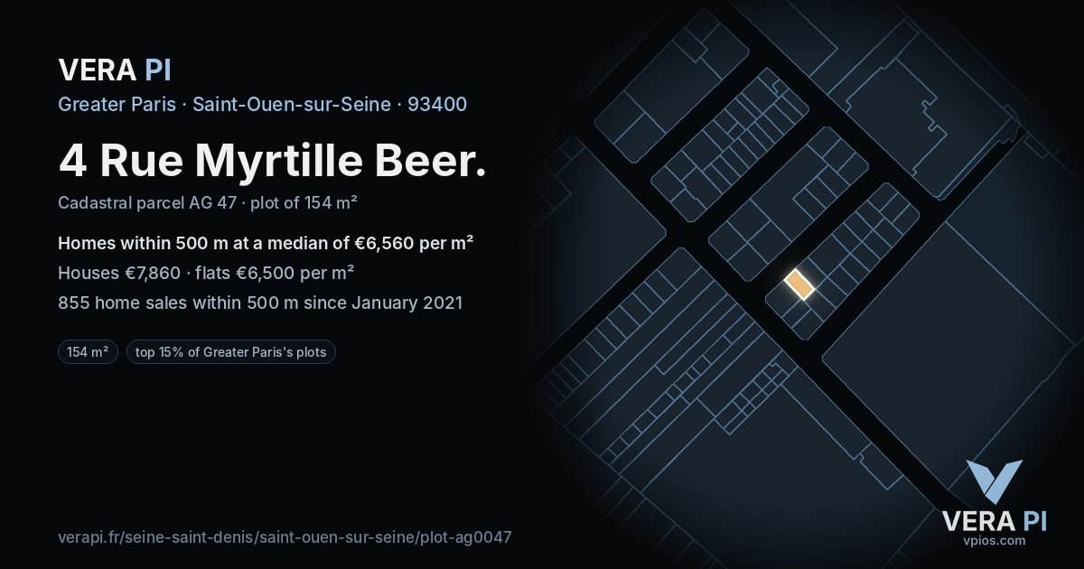 4 Rue Myrtille Beer, Saint-Ouen-sur-Seine at night – the plot lit, the parcels around coloured by the prices near them