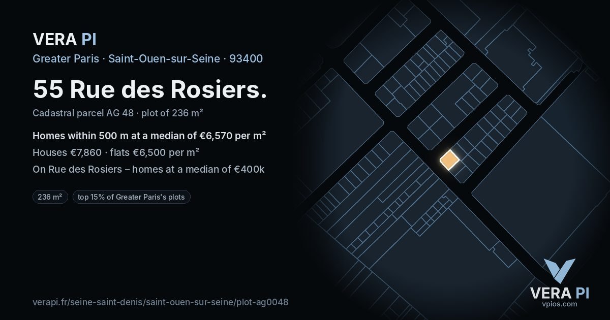 55 Rue des Rosiers, Saint-Ouen-sur-Seine at night – the plot lit, the parcels around coloured by the prices near them