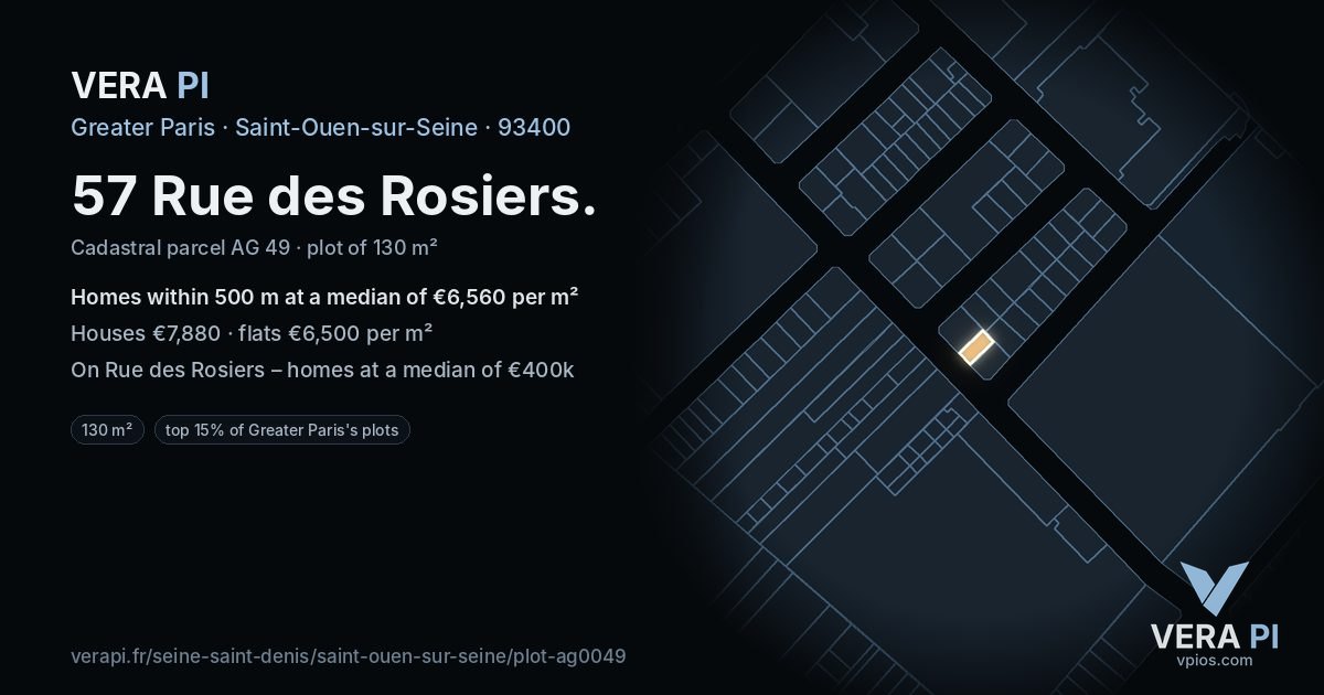 57 Rue des Rosiers, Saint-Ouen-sur-Seine at night – the plot lit, the parcels around coloured by the prices near them