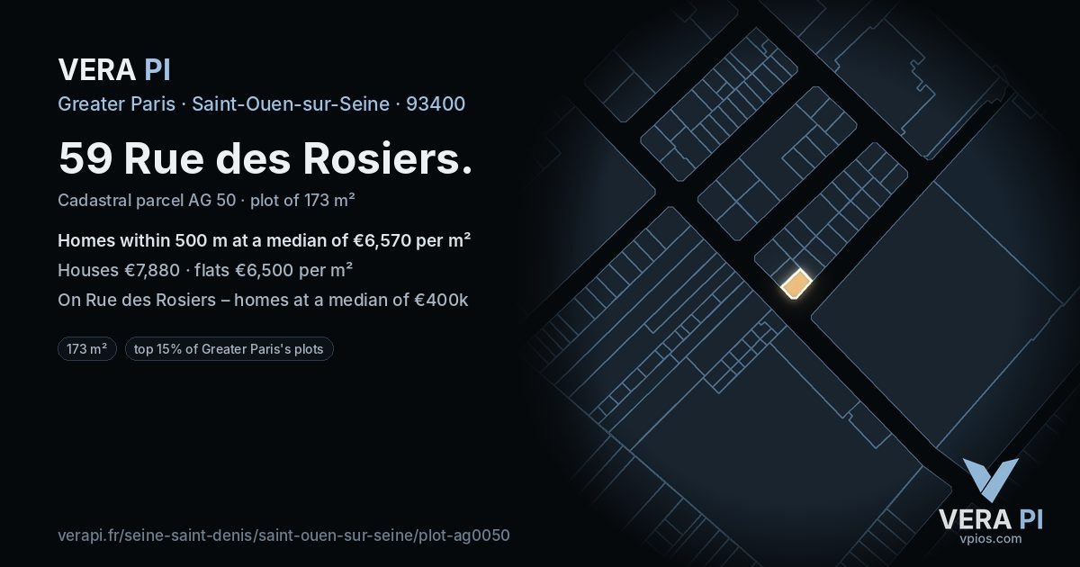 59 Rue des Rosiers, Saint-Ouen-sur-Seine at night – the plot lit, the parcels around coloured by the prices near them