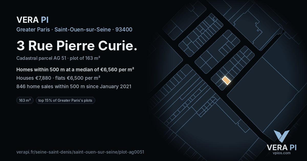 3 Rue Pierre Curie, Saint-Ouen-sur-Seine at night – the plot lit, the parcels around coloured by the prices near them