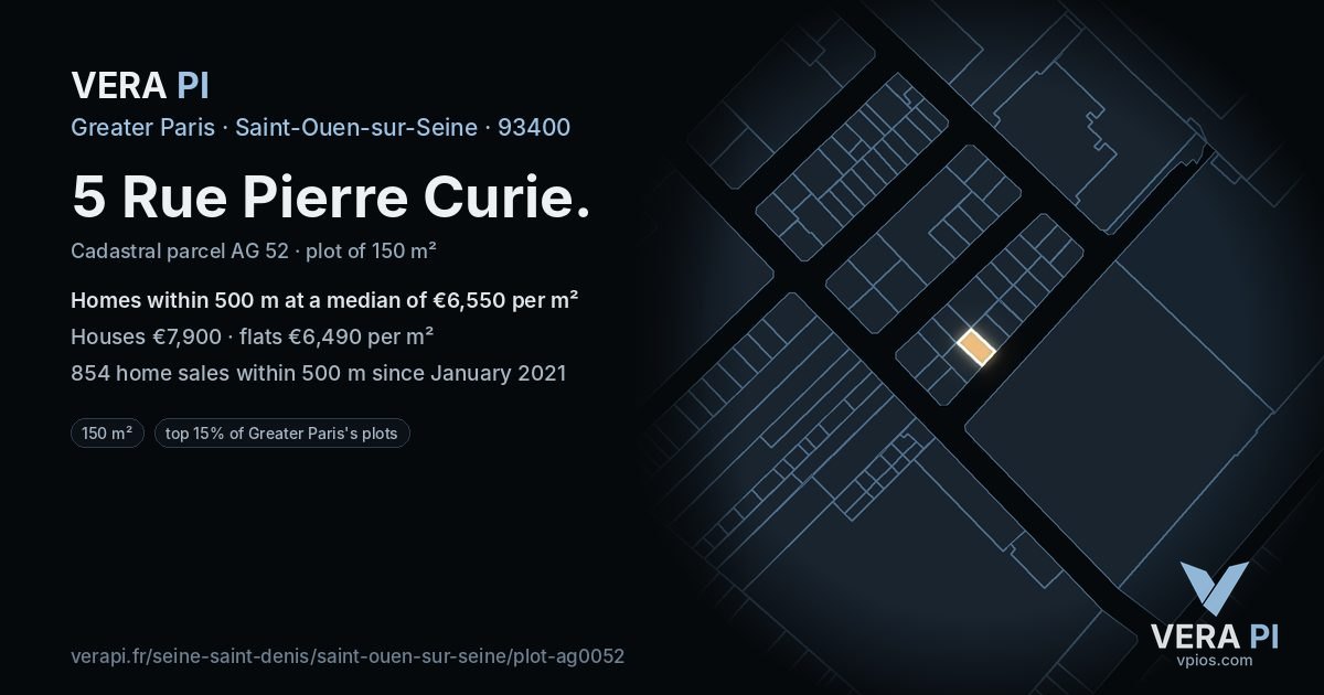5 Rue Pierre Curie, Saint-Ouen-sur-Seine at night – the plot lit, the parcels around coloured by the prices near them