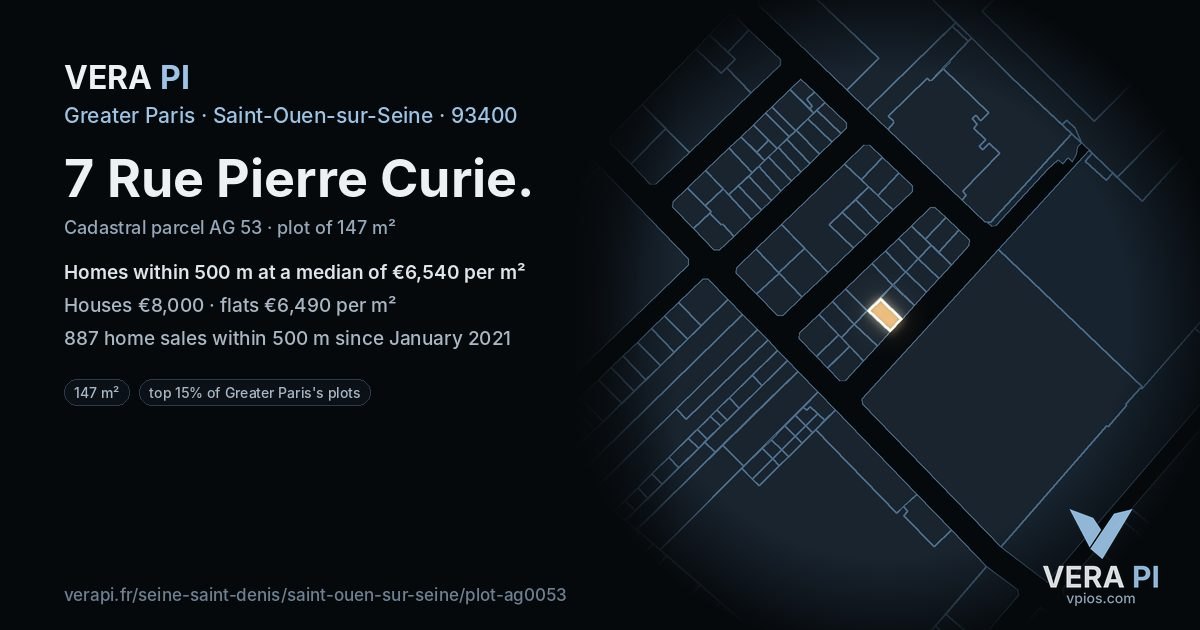 7 Rue Pierre Curie, Saint-Ouen-sur-Seine at night – the plot lit, the parcels around coloured by the prices near them