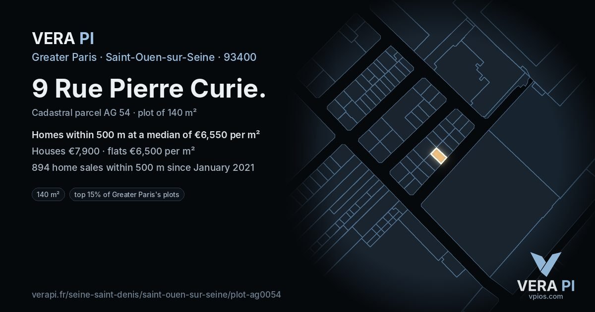 9 Rue Pierre Curie, Saint-Ouen-sur-Seine at night – the plot lit, the parcels around coloured by the prices near them