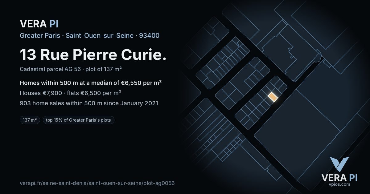 13 Rue Pierre Curie, Saint-Ouen-sur-Seine at night – the plot lit, the parcels around coloured by the prices near them
