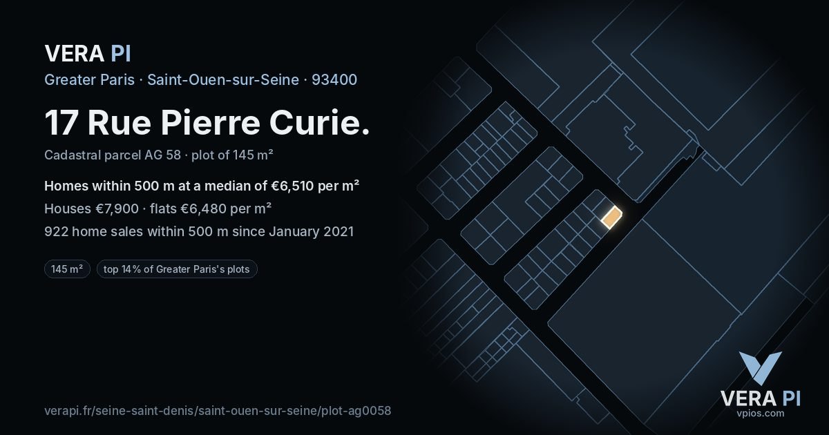 17 Rue Pierre Curie, Saint-Ouen-sur-Seine at night – the plot lit, the parcels around coloured by the prices near them