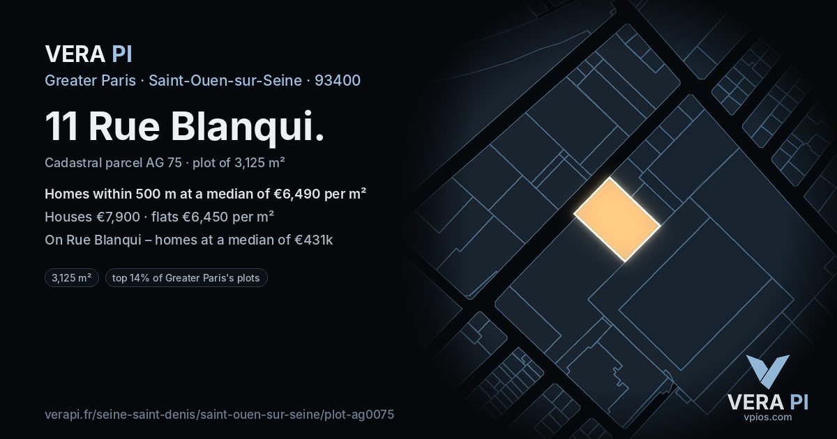 11 Rue Blanqui, Saint-Ouen-sur-Seine at night – the plot lit, the parcels around coloured by the prices near them