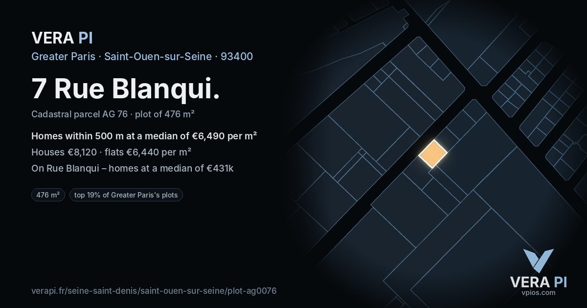 7 Rue Blanqui, Saint-Ouen-sur-Seine at night – the plot lit, the parcels around coloured by the prices near them