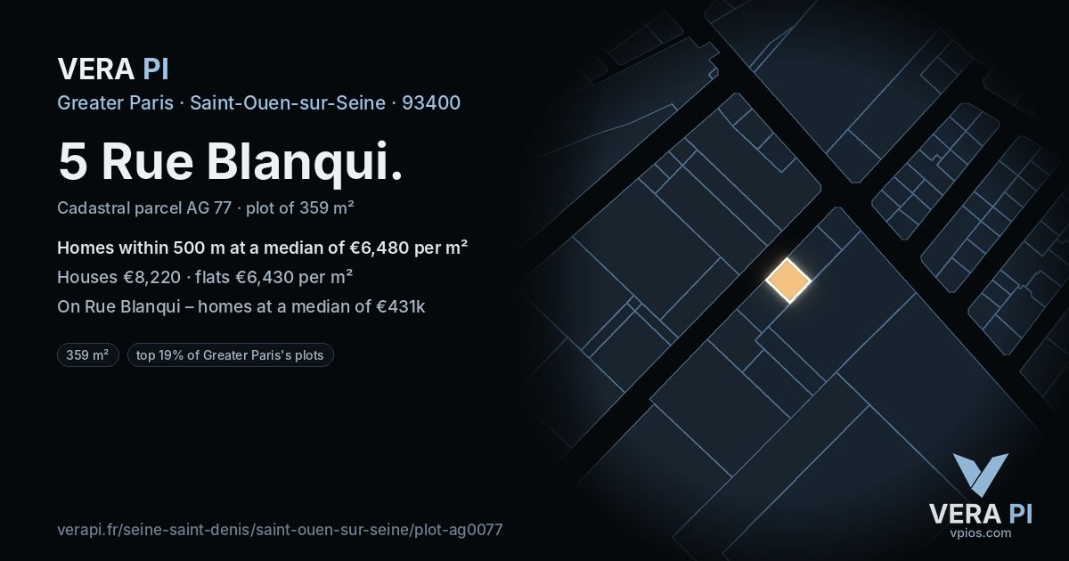 5 Rue Blanqui, Saint-Ouen-sur-Seine at night – the plot lit, the parcels around coloured by the prices near them