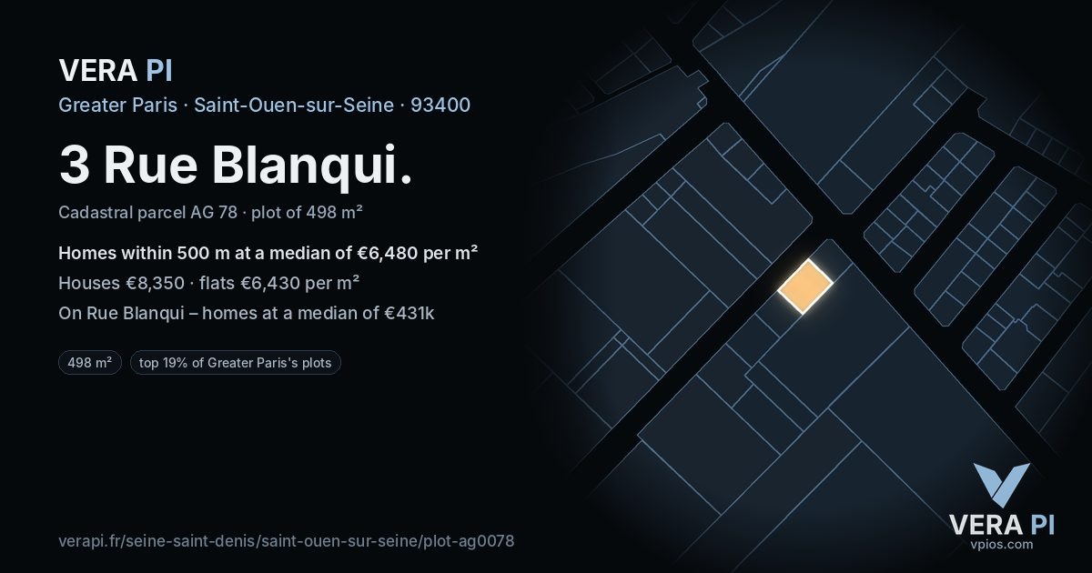 3 Rue Blanqui, Saint-Ouen-sur-Seine at night – the plot lit, the parcels around coloured by the prices near them