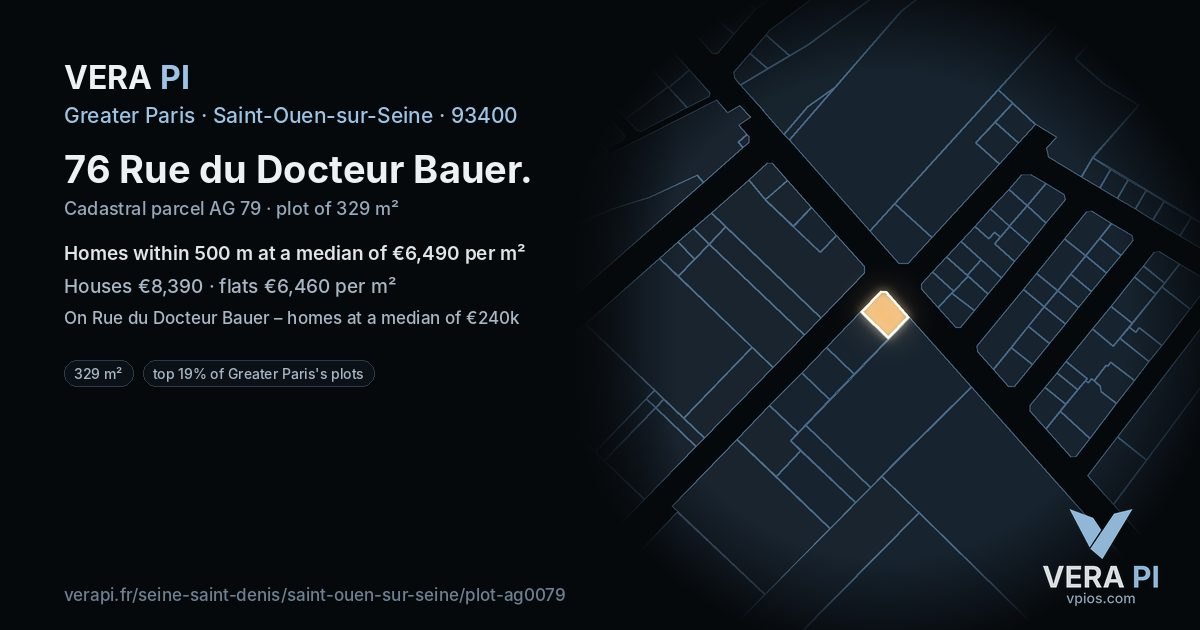 76 Rue du Docteur Bauer, Saint-Ouen-sur-Seine at night – the plot lit, the parcels around coloured by the prices near them