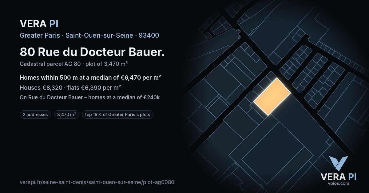 80 Rue du Docteur Bauer, Saint-Ouen-sur-Seine at night – the plot lit, the parcels around coloured by the prices near them