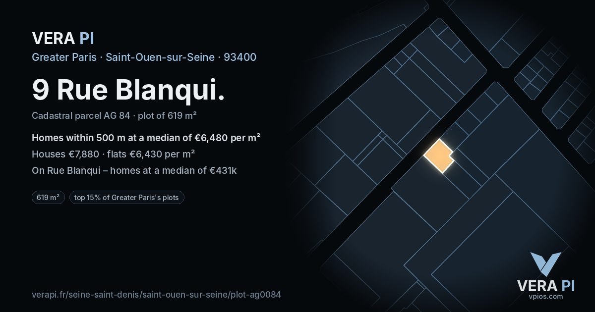 9 Rue Blanqui, Saint-Ouen-sur-Seine at night – the plot lit, the parcels around coloured by the prices near them